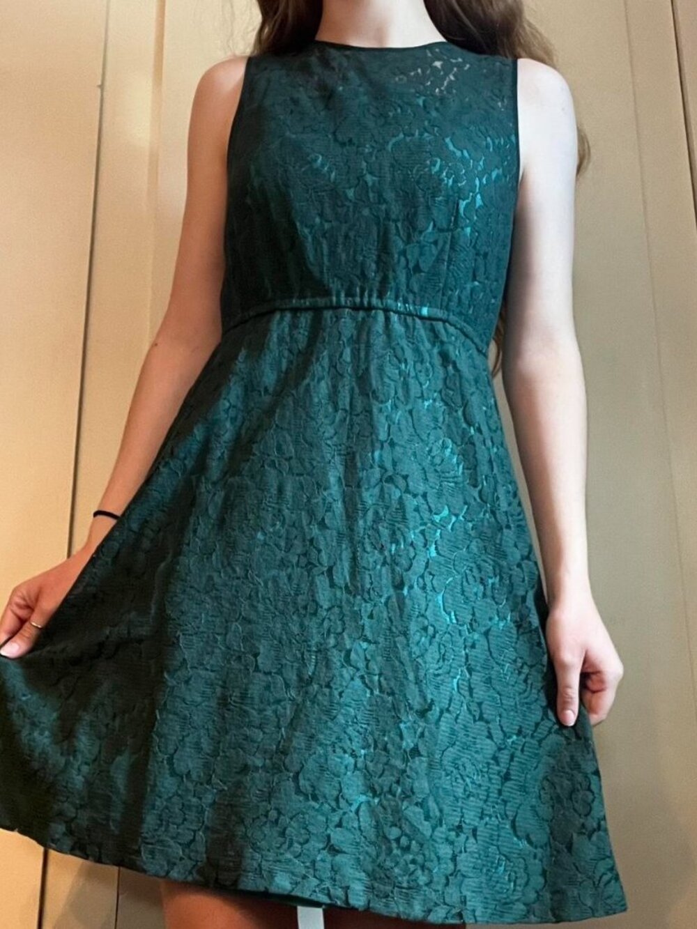 Fossil Green Sleeveless Preppy Dress Lace Overlay Sz Small Minimalist modern